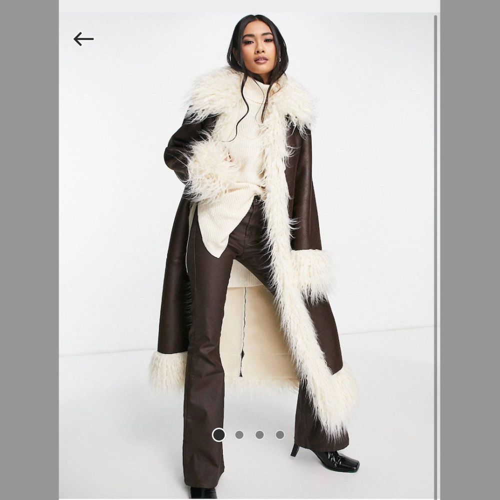 Topshop Brown Faux Suede & Fur Trim Long Coat Size - US 4 / UK 8